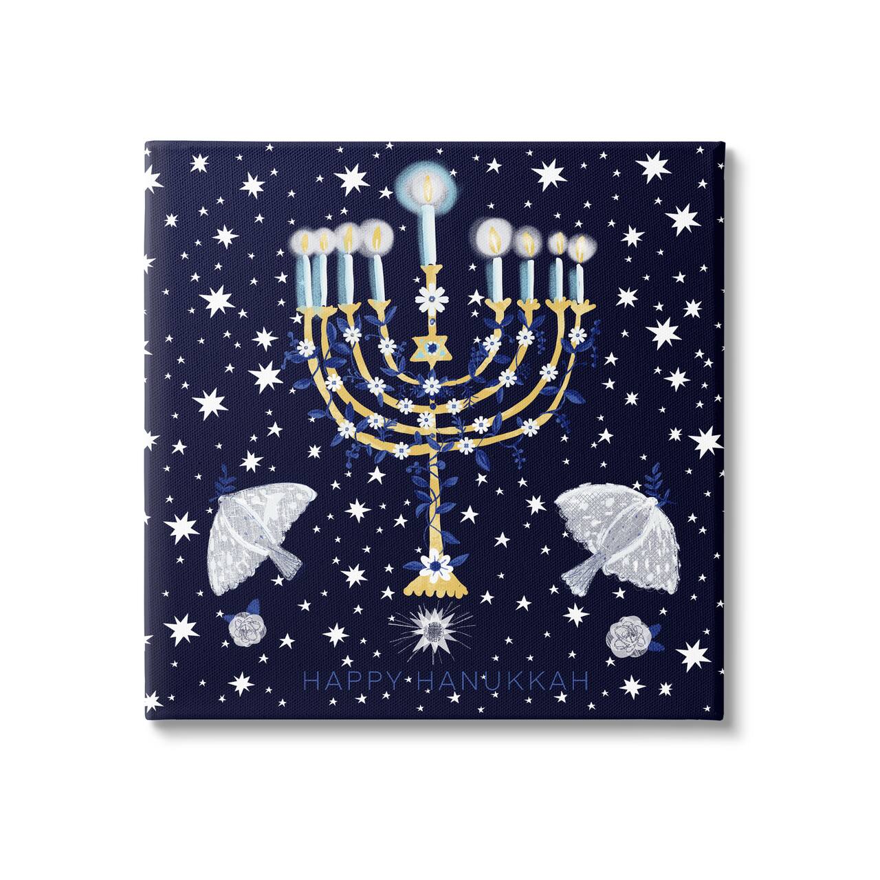 Stupell Industries Happy Hanukkah Starry Menorah Canvas Wall Art